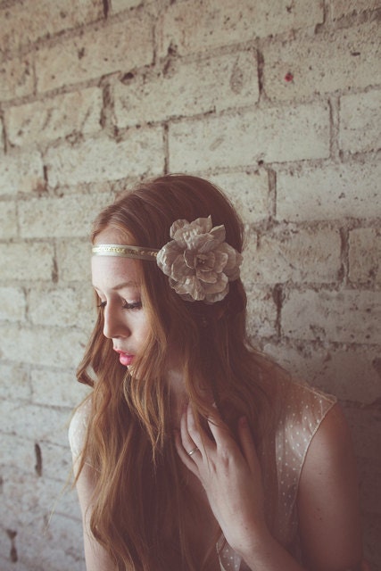 Flapper style champagne flower headband with tassel detail- style 613