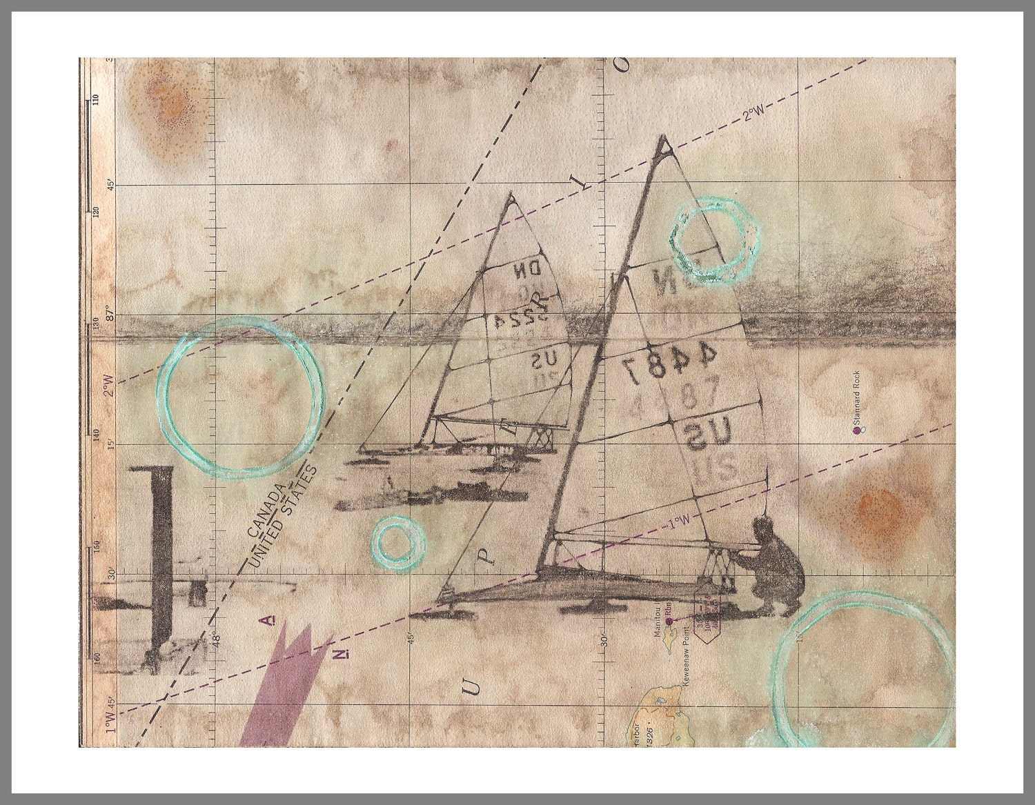 Ice Boats Race Drawing Mixed media - Michigan - Lake - Watercolor - Stains - Limited Edition Print