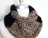 ON SALE Black Cowl Scarf, Mixed Fiber Front, Bronze, Silver, Brown and Gray Metallic Hues, Ready to Ship