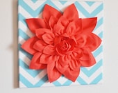Wall Flower -Coral Dahlia on Aqua and White Chevron 12 x12" Canvas Wall Art- 3D Felt Flower