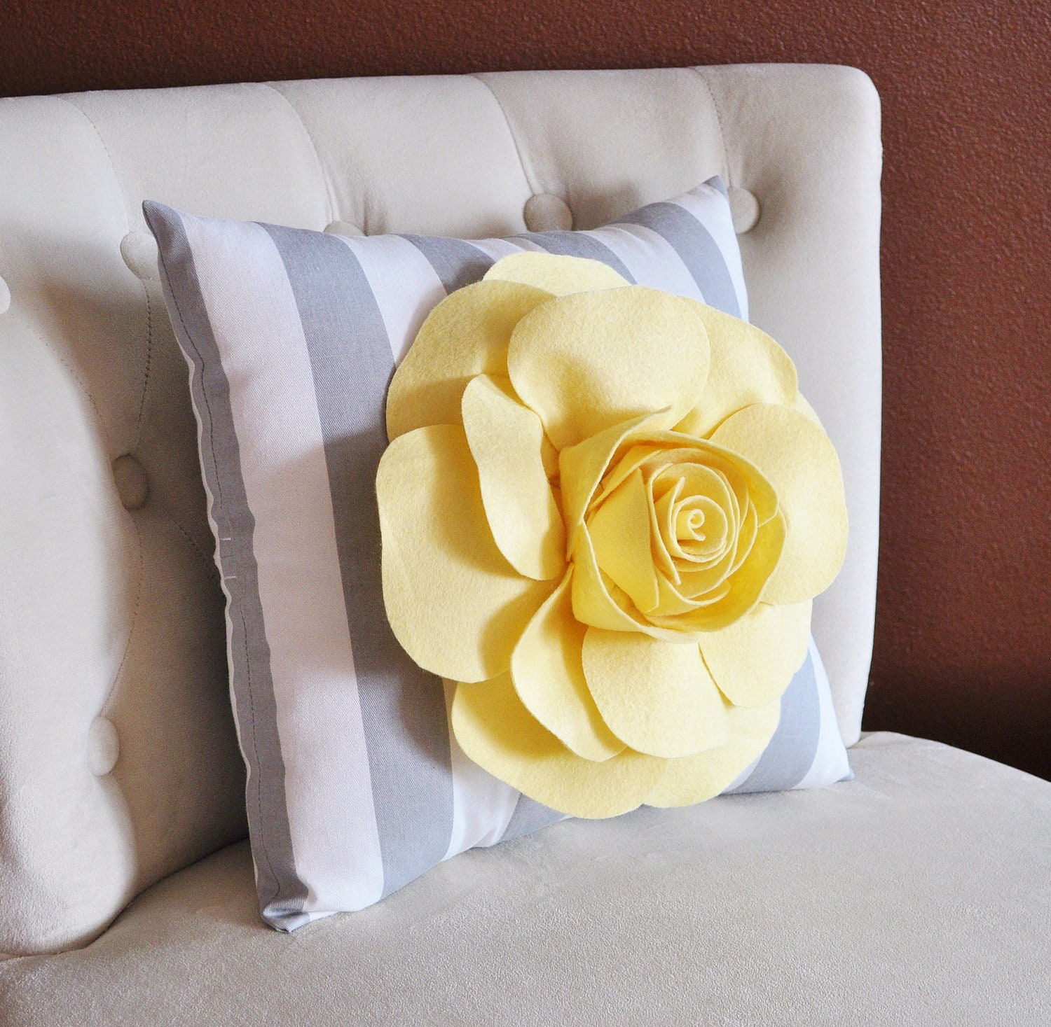 DECORATIVE THROW PILLOW Light Yellow Rose on Gray and White Stripe Pillow