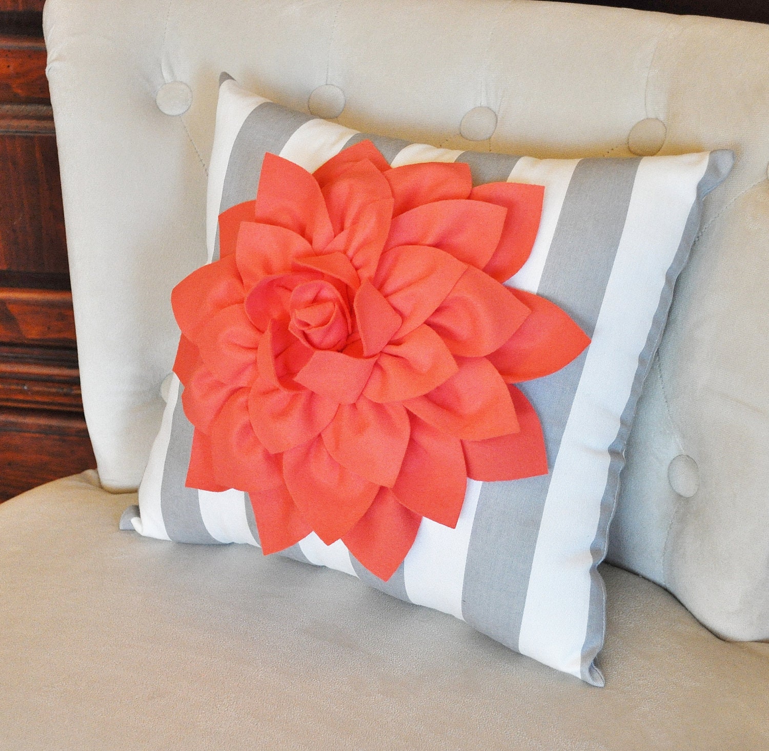 Coral Dahlia on Gray and White Stripe Pillow