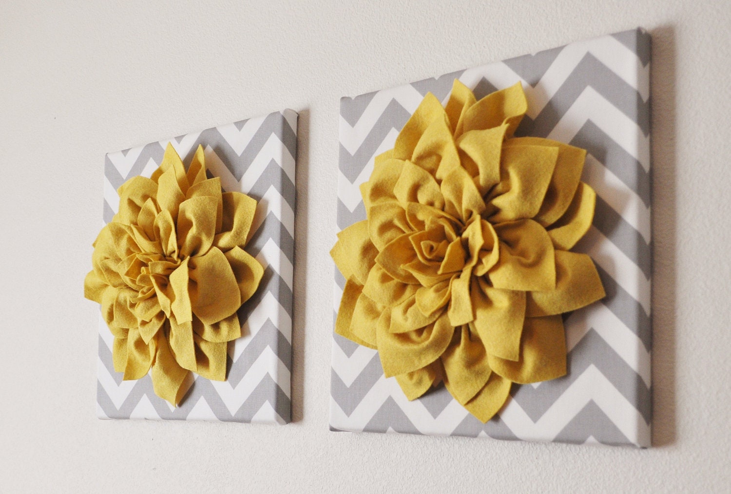 Wall Flower -Mellow Yellow Dahlia on Gray and White Chevron 12 x12" Canvas Wall Art- 3D Felt Flower