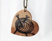 Knitting print hand stamped wooden necklace