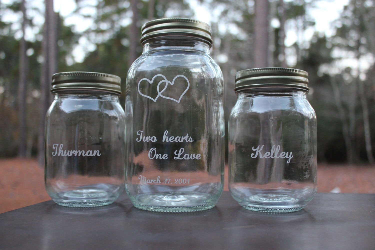 3 Piece Personalized Mason Jar Sand Ceremony set, Wedding Ceremony,  Two hearts One Love