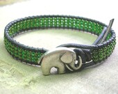 Green elephant bracelet - Lucky Girl - Bohemian jewelry, leather wrap bracelet, hippie chic good luck charms
