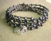 Crochet wrap bracelet, silver charm - Gunmetal Gray - Bohemian jewelry, Hill Tribes silver charm, fall fashion, autumn, neutral, surfer girl