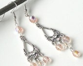 Pink  Peach Crystal Silver Chandelier Long Earrings/ Silver Crsytal Bridal Earrings Dangles Prom Bridal