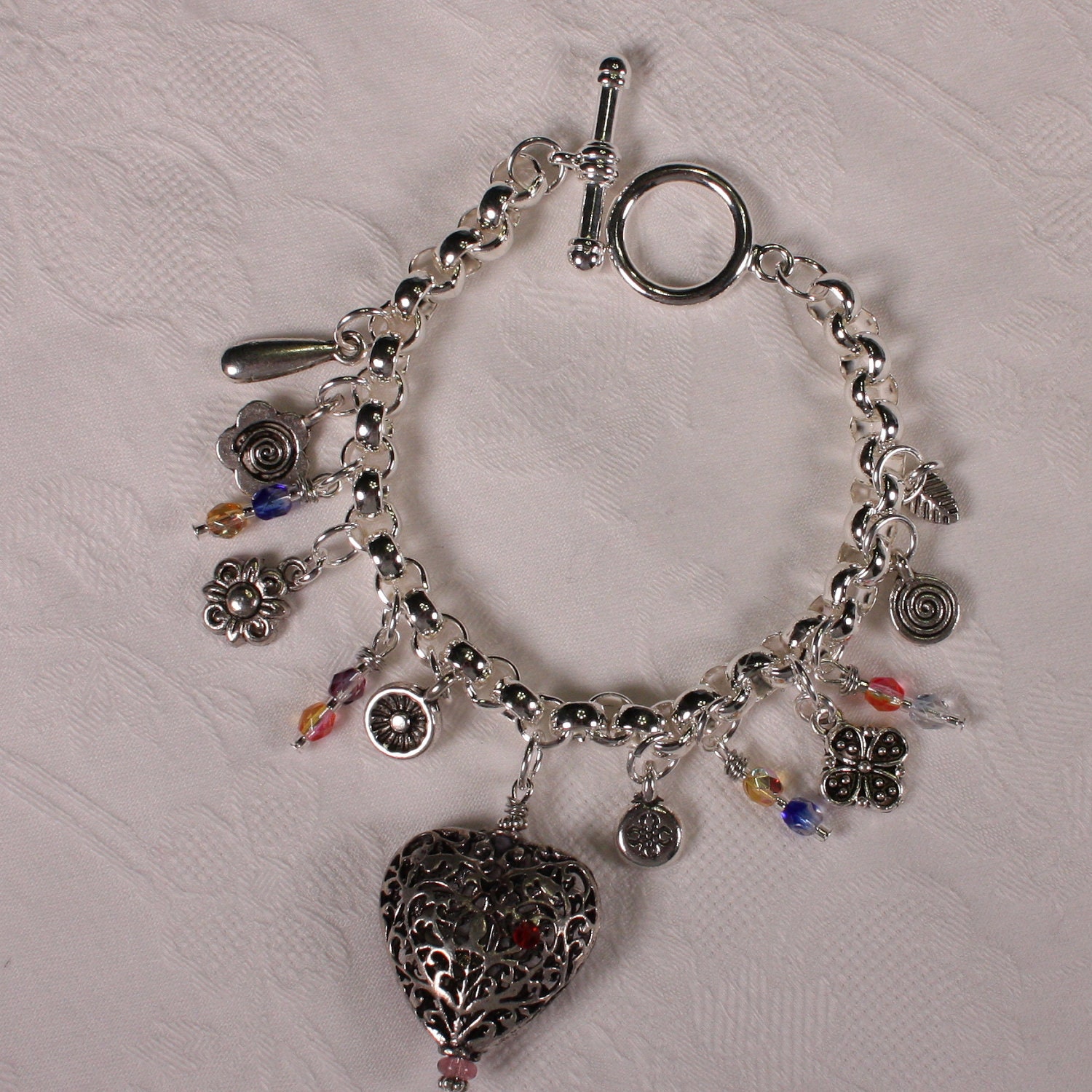 Charm Bracelet - silver linked bracelet, pewter charms, czech glass beads, 7 inches