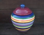 Extra Large Striped Ceramic Cookie Jar or Canister - Rainbow Stripes with Burgundy Lid and Navy Knob
