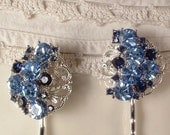 Vintage Sapphire Blues & Rhinestone Silver Bridal Hair Pins - Heirloom Jeweled Hair Clips Set of 2, Bridesmaids Gift