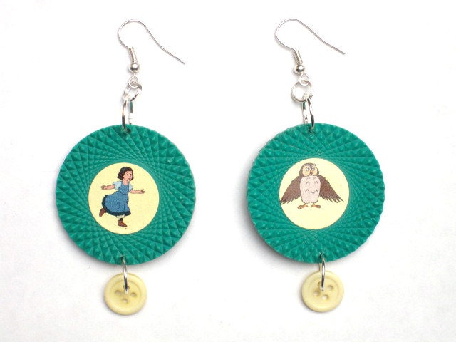 HYPERCLASH Earrings Green Token Buttons Owl Girl Dangle Toy  Womens Handmade Repurposed Upcycled Recycled Reclaimed Eco Friendly Accessories