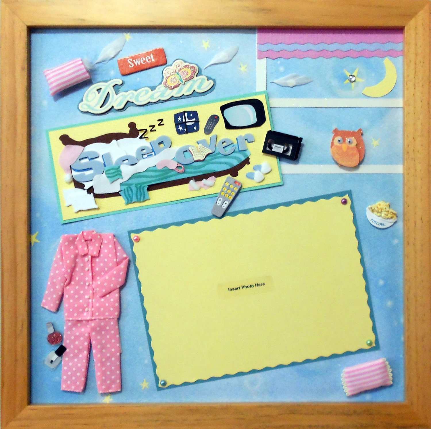 PAJAMA PARTY Girls Sleep Over Memory Album Page (Natural Veneer Shadow Box Frame Sold Separately)
