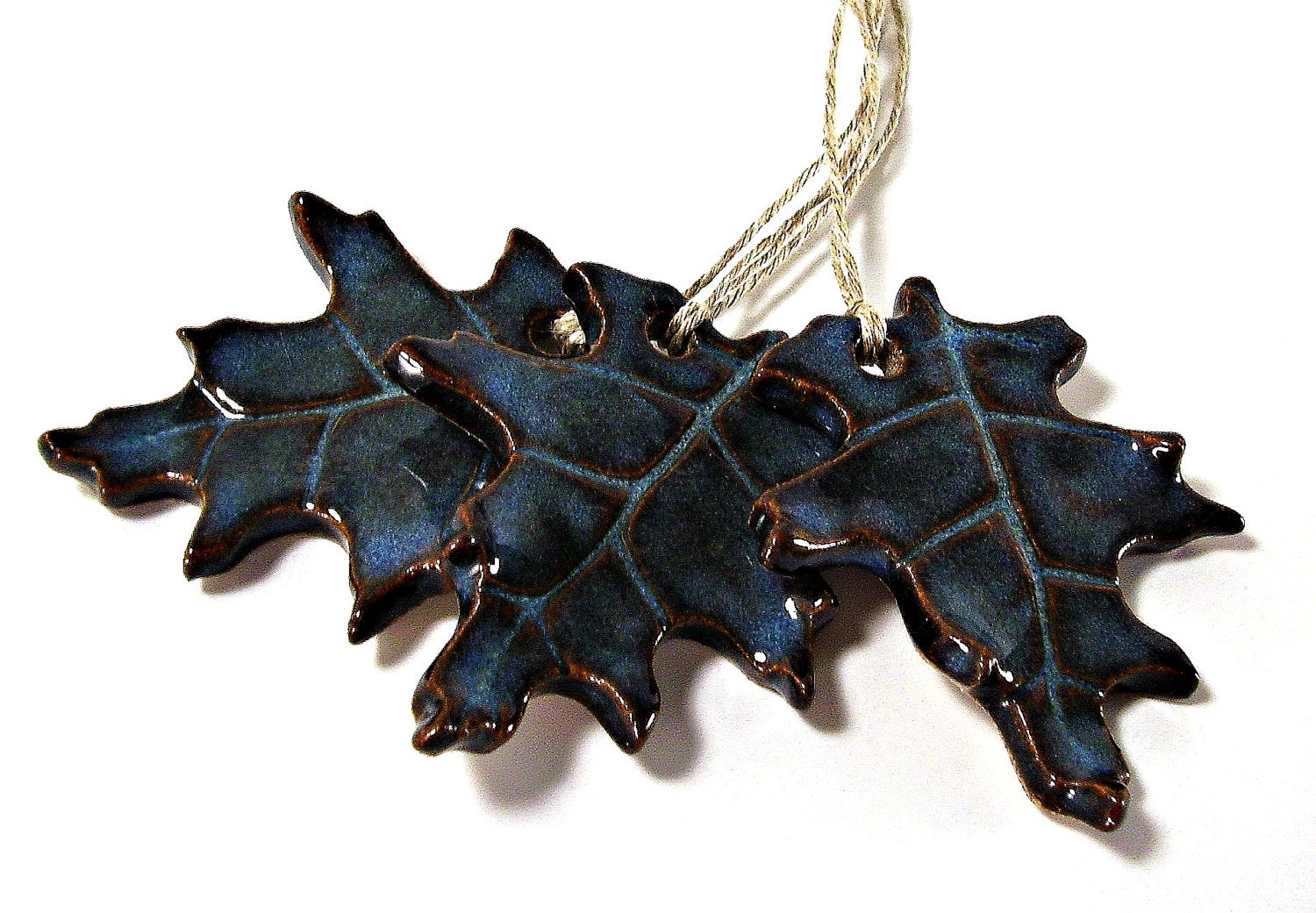 two ceramic oak leaf ornaments christmas ornaments gift tags home decor blue rutile handmade stoneware pottery Midnight In The Garden