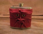 Grichels leather and stainless steel 6oz flask - red with honey brown and green slit pupil bobcat eyes