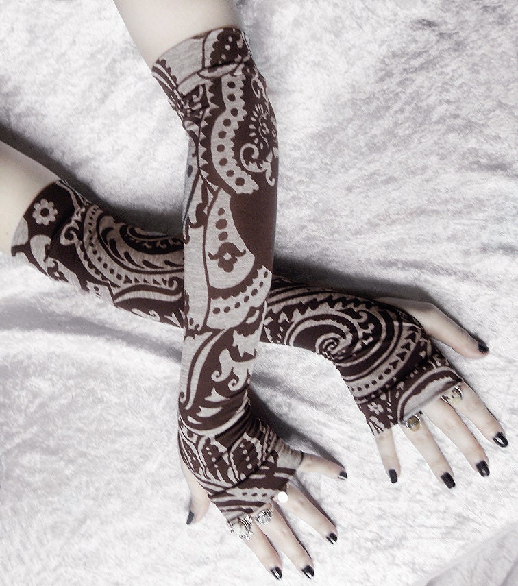 The Woodcutter's Wife Arm Warmers - Dark Chocolate Brown Heather Oatmeal Grey Paisley Faux Bois Mandela - Yoga Gothic Dark Tribal Goth Gaia