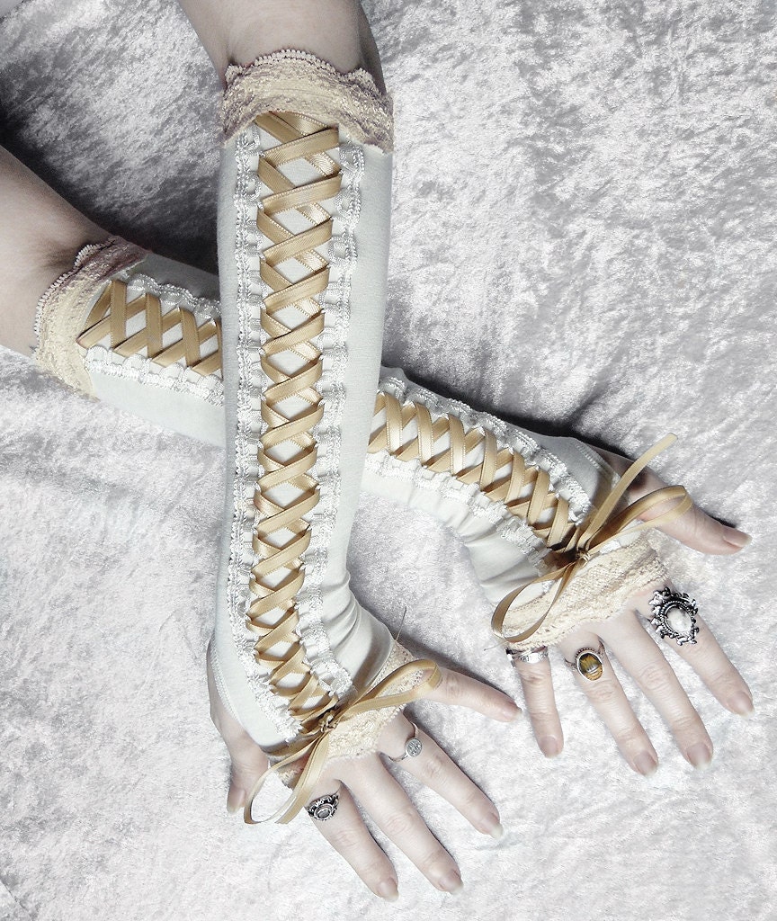 Gilded Maiden Victorian Corset Laced Up Arm Warmers - Pale Ivory Soft Champagne Gold Ribbon & Lace - Vampire Gothic Goth Lolita Bridal Cream
