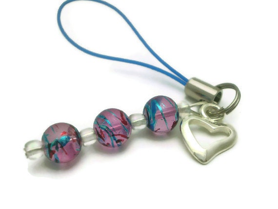 PIF - Small Silver Heart Cell Phone Charm, Zipper Pull, Purse Charm - Purple, Blue, Swirl