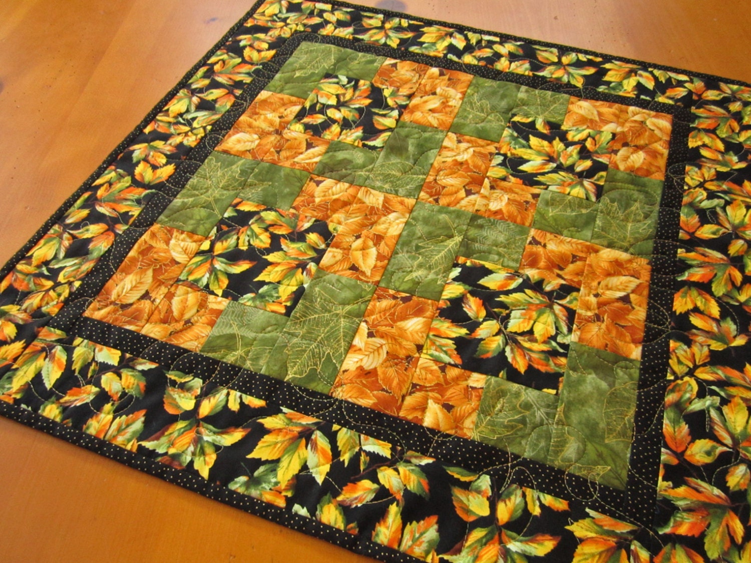 Handmade Table Topper Green and Golden Leaves