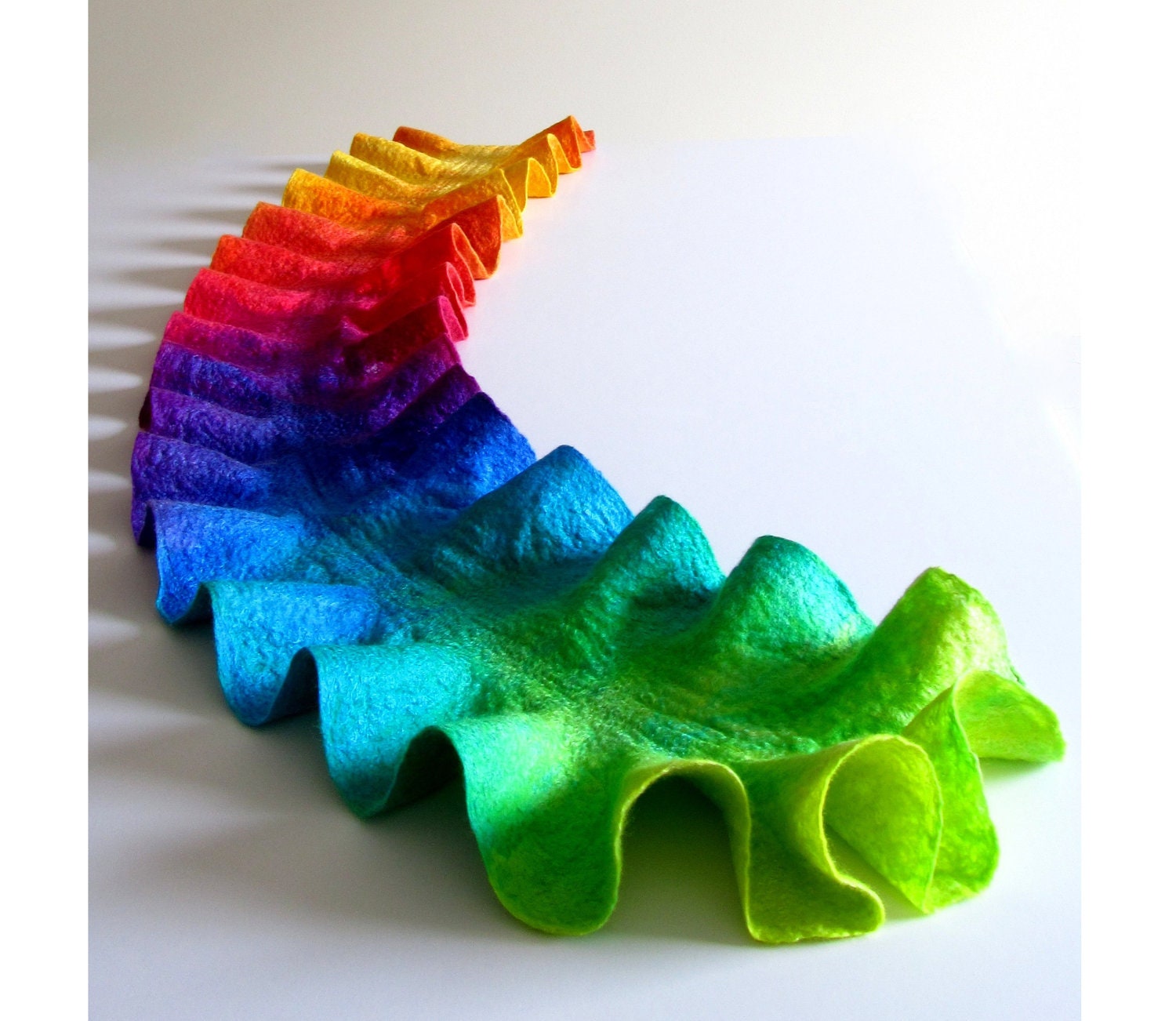 Scarf. Rainbow Scarf. Ruffle Scarf. Felted Scarf. Gradient Scarf. Ombre Scarf. Handmade Merino Wool Scarf.