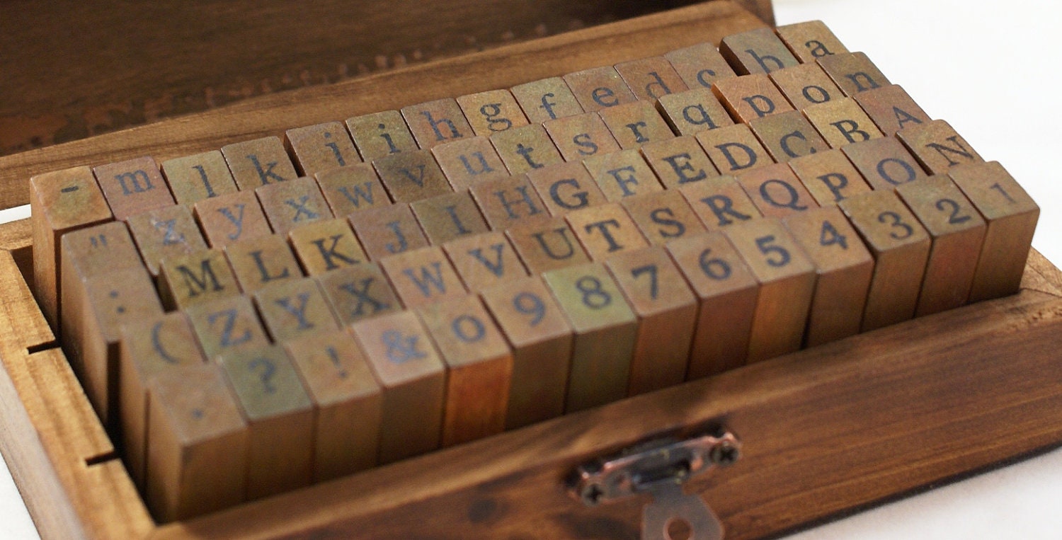Antique motif Boxed set of UPPERCASE and LOWERCASE letters, numbers and symbols - 70 wooden peg stamps