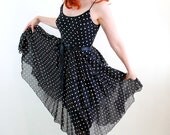 Black White Polka Dots Party Day Dress. Little Black Dress. Summer Fashion. Size Medium