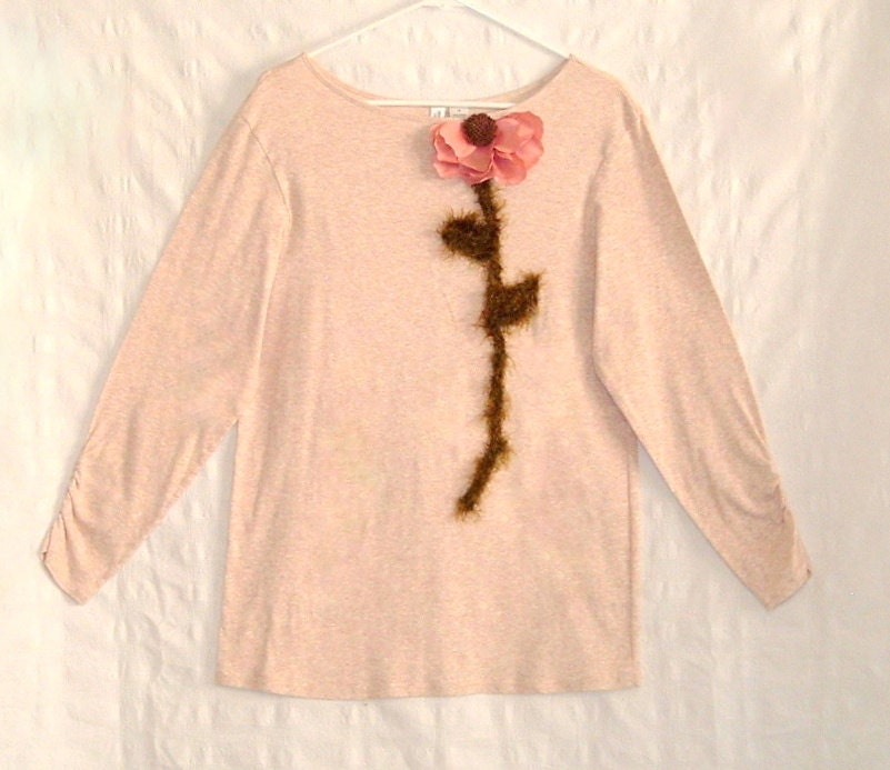 Shabby Chic Embellished T-shirt Tan Heather and Dusty Rose Nature's Corsage