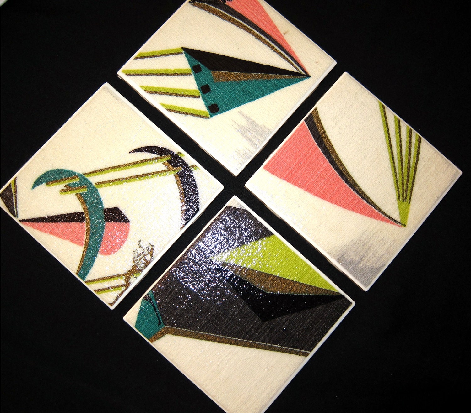 Vintage Barkcloth Coasters - Lime, Pink, Teal and Grey - Ceramic Tiles - Set of 4 - approx 4" x 4"