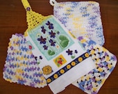 Think Spring Purple Pansies 4 pc Crochet Kitchen Set Purple Yellow Blue Flowered Cotton Dishcloths Potholder Hanging Towel