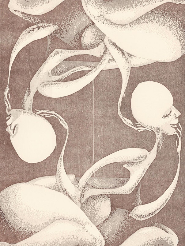 In Each, The Other: Tribute to Khalil Gibran in Gray and Brown, Three Layer Reduction Woodblock Print
