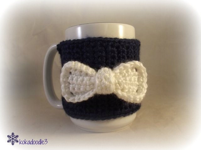 Crochet Navy Blue Coffee Mug Cozy with White Bow