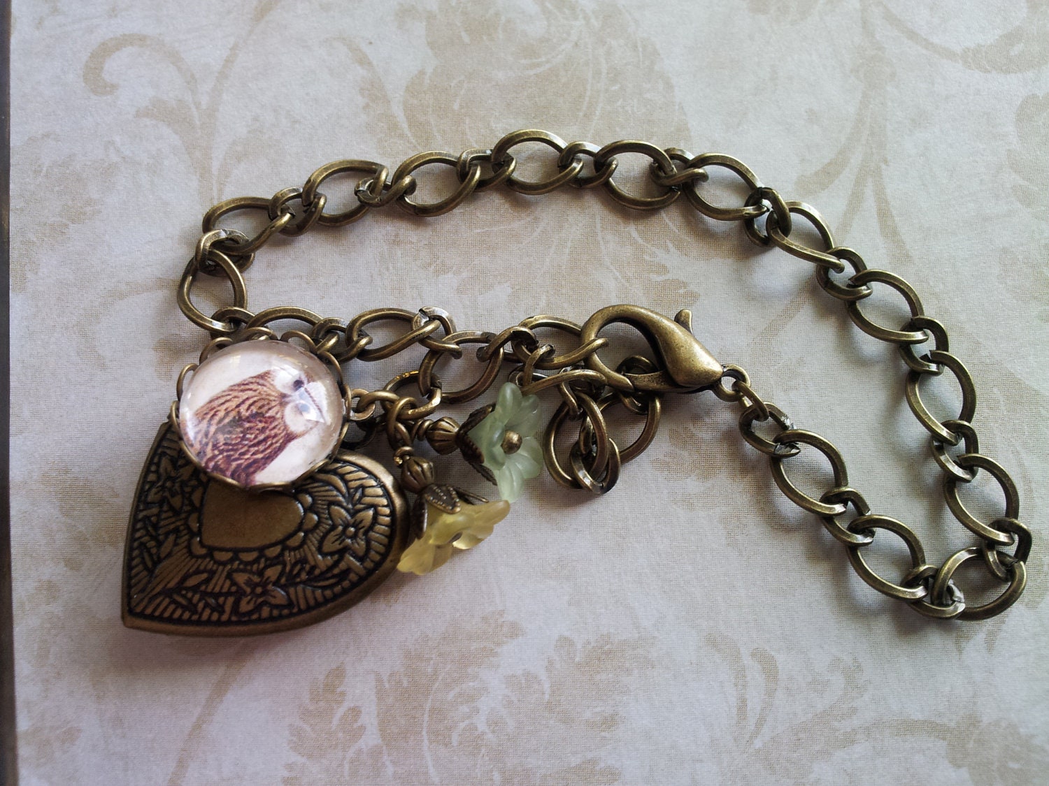 Charm Bracelet-- Antique Brass, Vintage Style, Asymmetrical, Owl, Locket, Adjustable