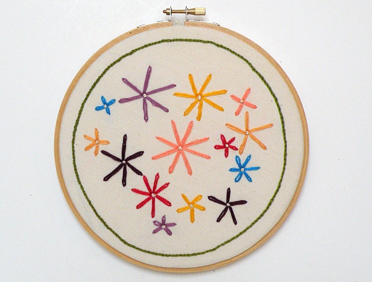 Scattered embroidered flowers 7 inch wood embroidery hoop