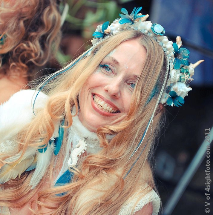 Head Piece - Yuyi the Mermaid Bride - Crown- Moonstone, Freshwater Pearls, Snakeskin, Abalone, Starfish, Sea Shells, Coral