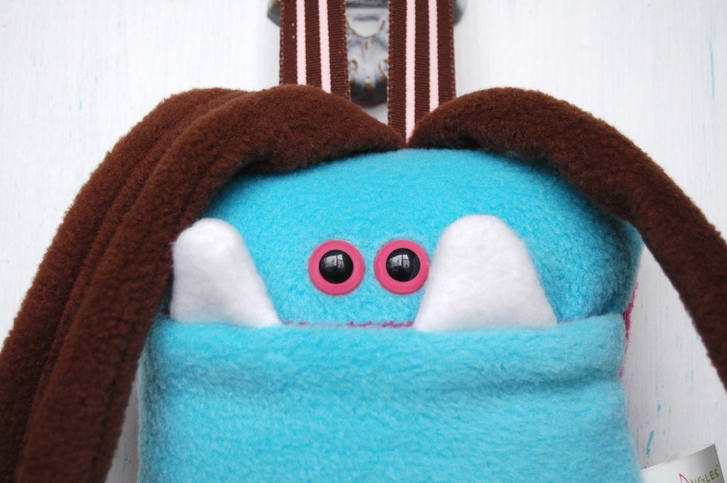 Aqua Blue and Pink and Brown Tooth Fairy Monster Pillow