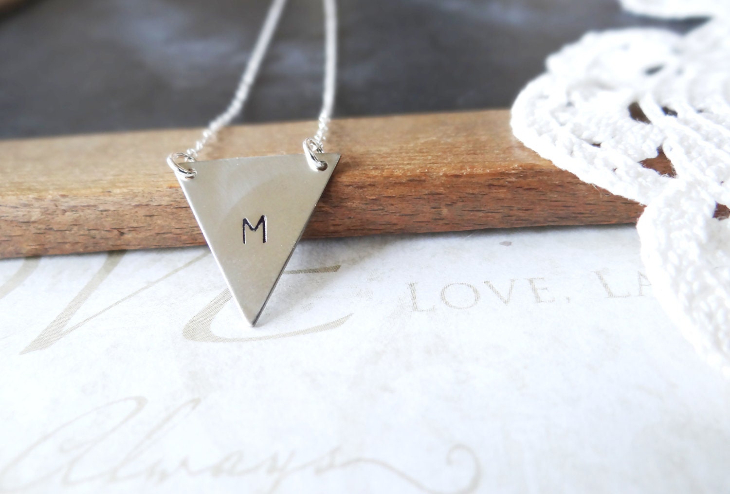 wave your BANNER high handstamped isosceles triangle necklace (silver)