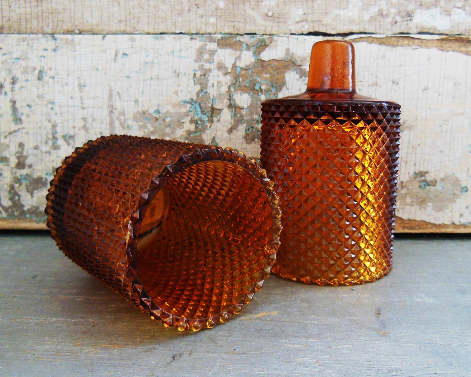 Amber Votive Candle Cups Diamond Cut Glass Wall Sconce Vintage