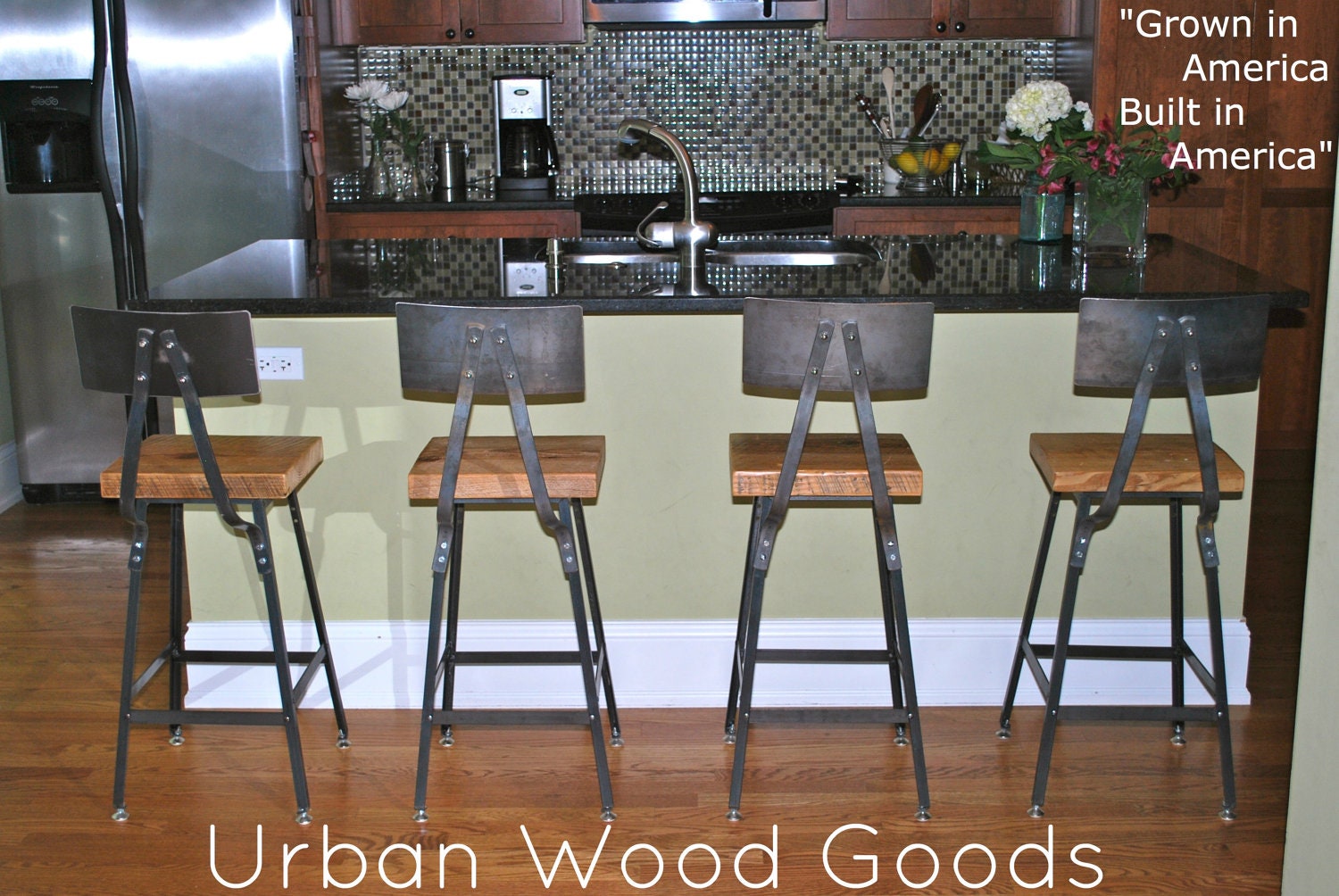 pair of Reclaimed Wood and Steel Industrial Shop Stools with backs. Made in Chicago. (2) 30" bar height - QUICK SHIPPING
