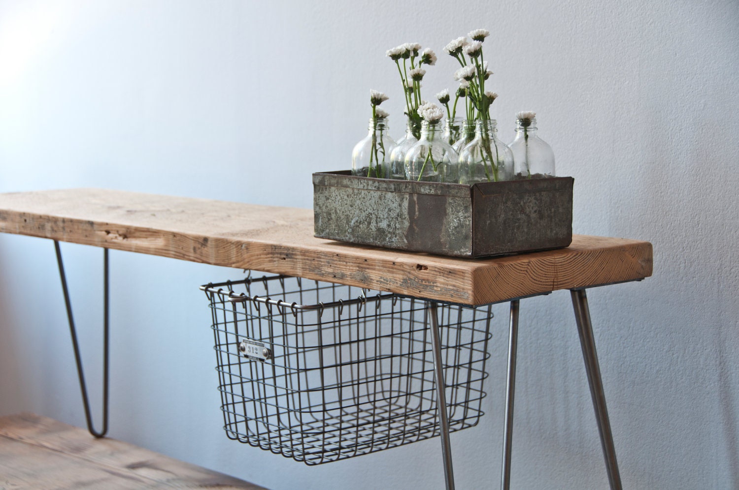Reclaimed Wood Bench w/ sliding Locker Basket Drawer and Hairpin Legs, 1.65" Standard Top, 4 ft x 11.5" x 18" h (Ships Free and Fast)