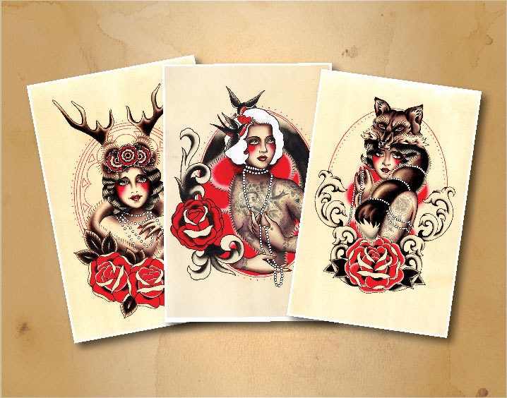 9X14 Tattoo Inspired Vixens, 3 Pack, Tattooed lady