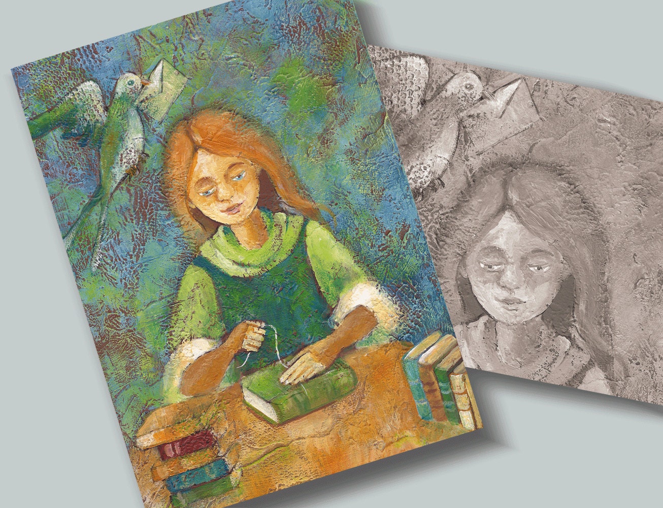 ACEO/ATC Mini Fine Art Print The bookbinder   -  Little Girl Soft Green Artist Card Postcard  Artist Card Postcard