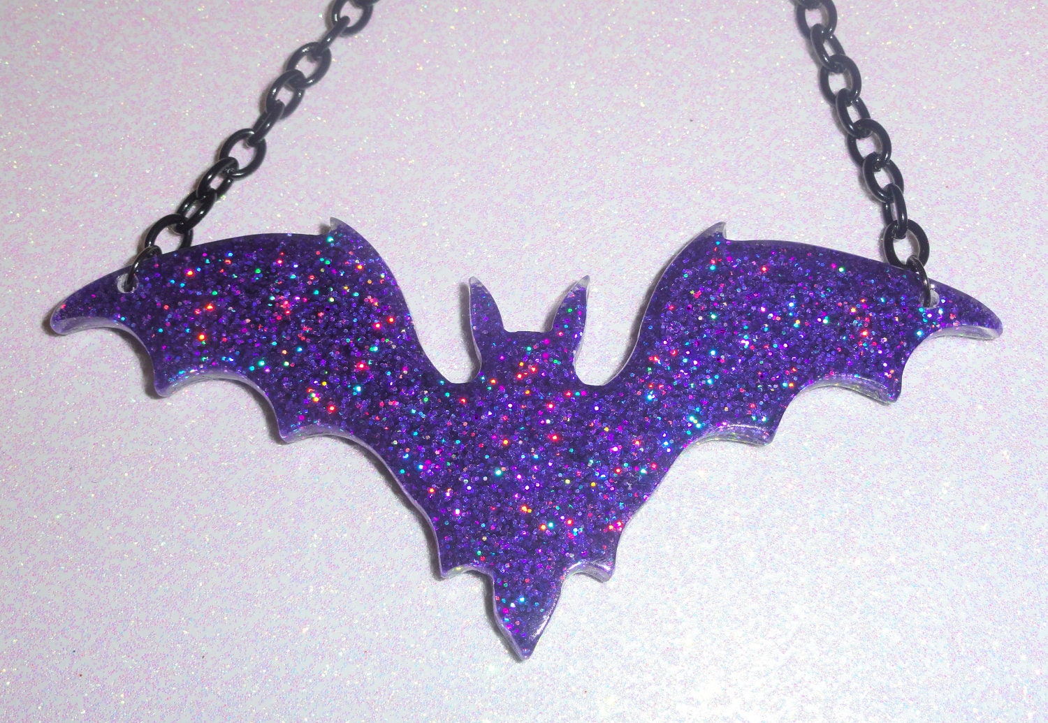 Batty - Bat Necklace - Holographic Purple Glitter Resin Pendant