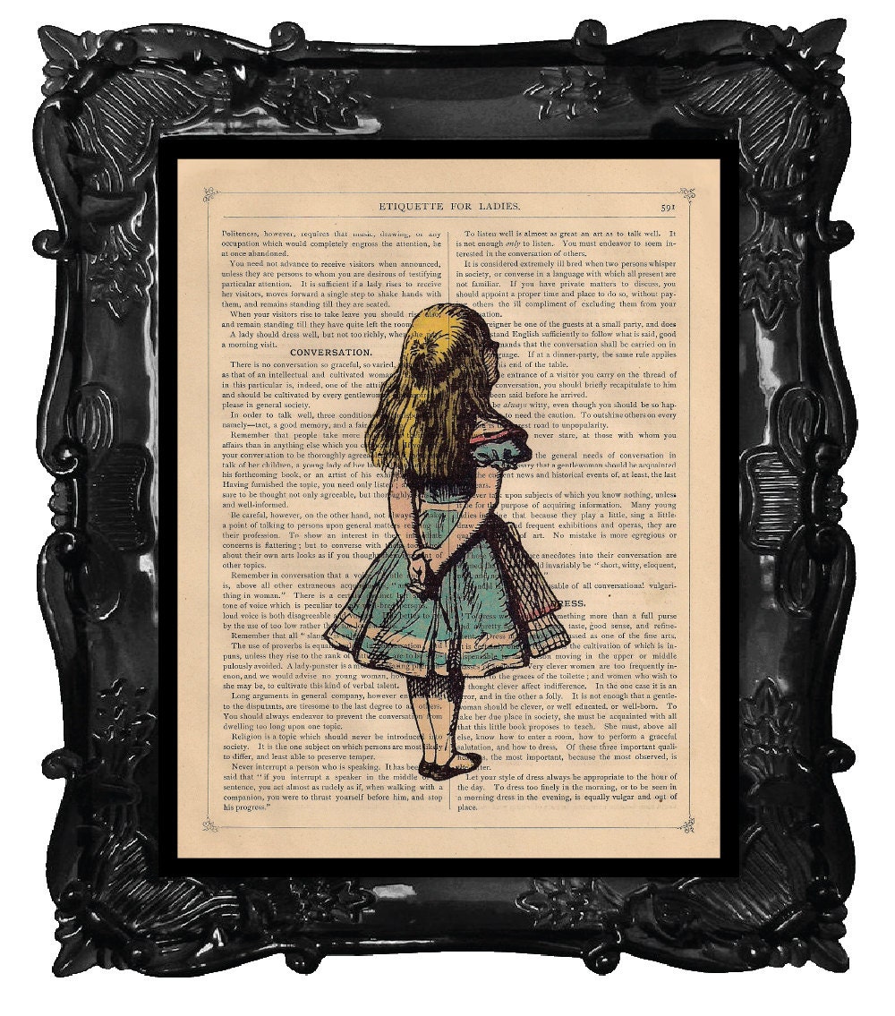 ALICE Portrait art print ALICE in Wonderland on antique 200 yr old book page dictionary ALICE art print