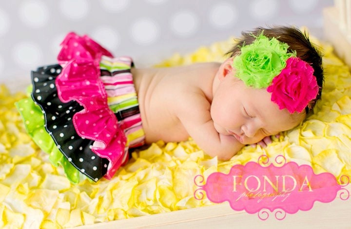 Hot pink, black, and lime polka dot stripe ruffle bloomers diaper cover newborn baby infant toddler girl
