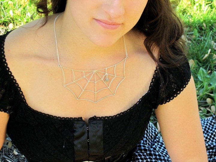 Oh what webs we weave - Sterling silver spider web necklace w/ sterling silver spider charm - Made to order