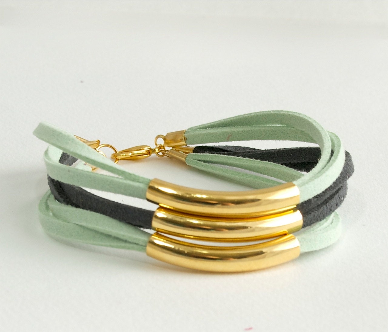 Triple-Stranded Bracelet -- suede & gold tubes bracelet gray mint . handmade jewelry by MoshPoshDesigns