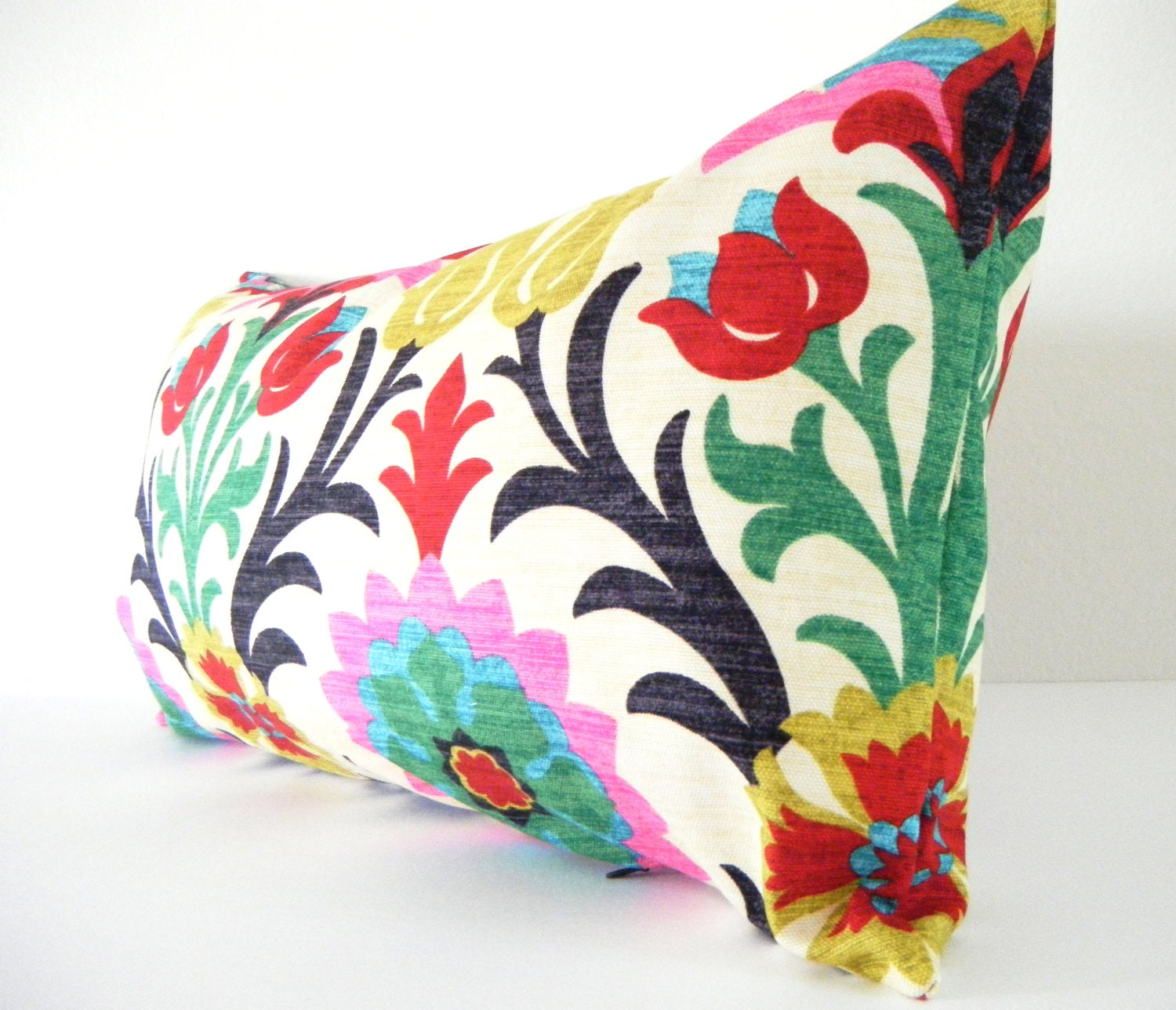 As seen in REDBOOK Mag - Bohemian Chic Decorative Designer Pillow Cover, Long Lumbar Pillow,Red Pink Dark Blue and Yellow