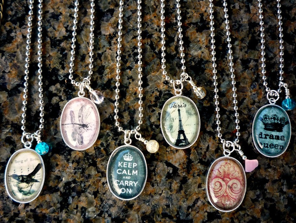 French Inspired Bird Picture Necklace - Vintage French Romantic Shabby Chic