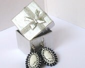 Embroidered beaded  turquoise white Earrings OOAK