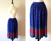 1980s blue geometric abstract ethnic print midi skirt xs